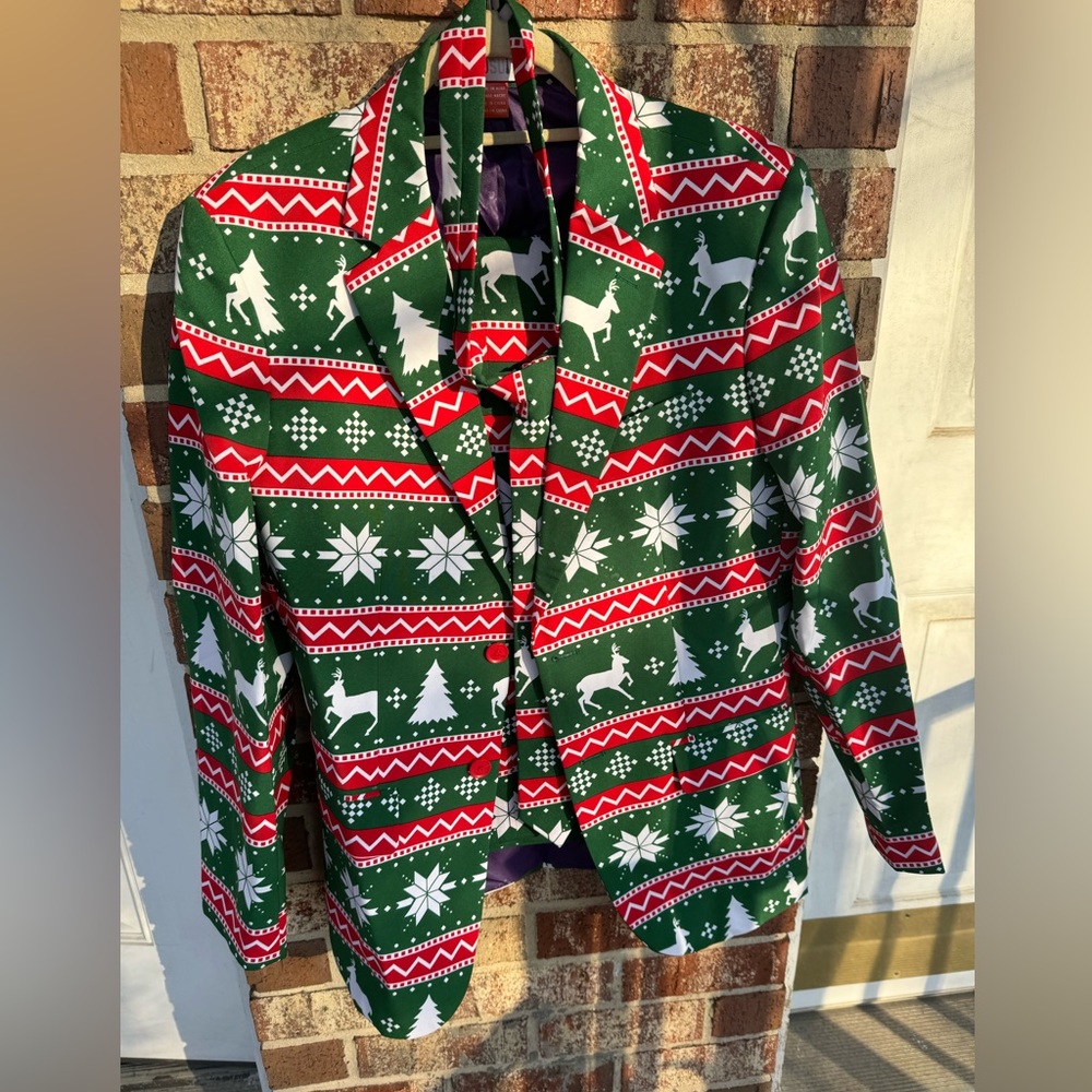 OppoSuits Christmas suit fair isle size 36 pants blazer tie